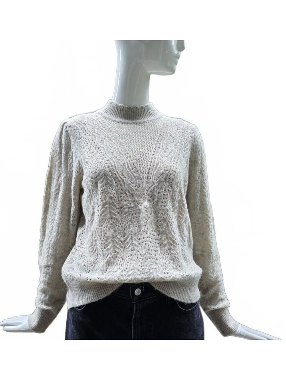 Lacy Open Knit Relaxed Sweater. Oatmeal coloured Victorian Detail Neck Med